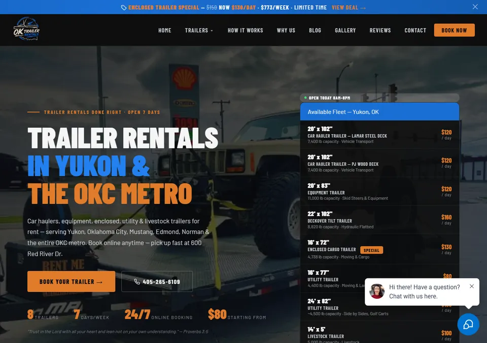 OK Trailer Rentals trailer rental website homepage