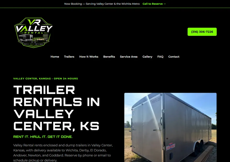 Valley Rental trailer rental website homepage